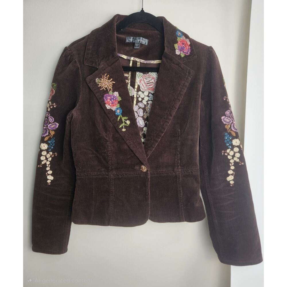 True Meaning Brown Corduroy Floral Embroidered‎ Jacket Blazer Size 4